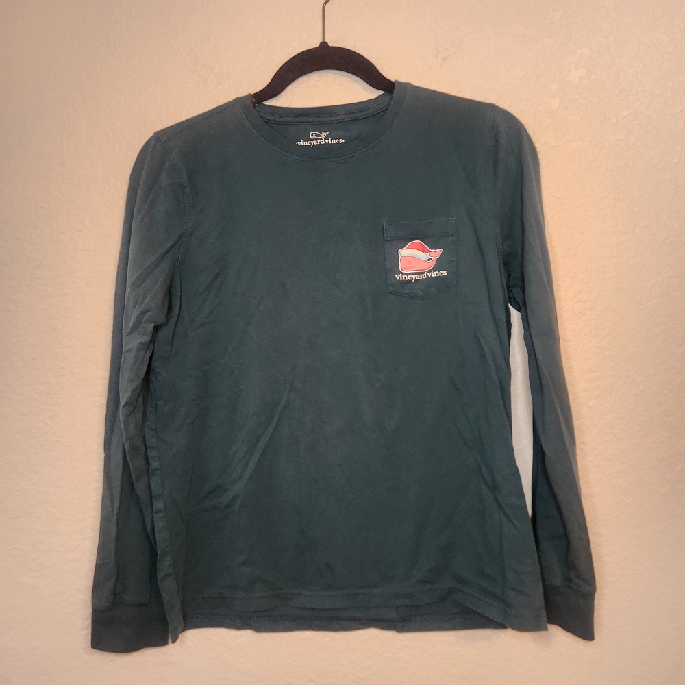 Vineyard Vines Santa Whale Merry Christmas Green long sleeve pocket t-shirt M